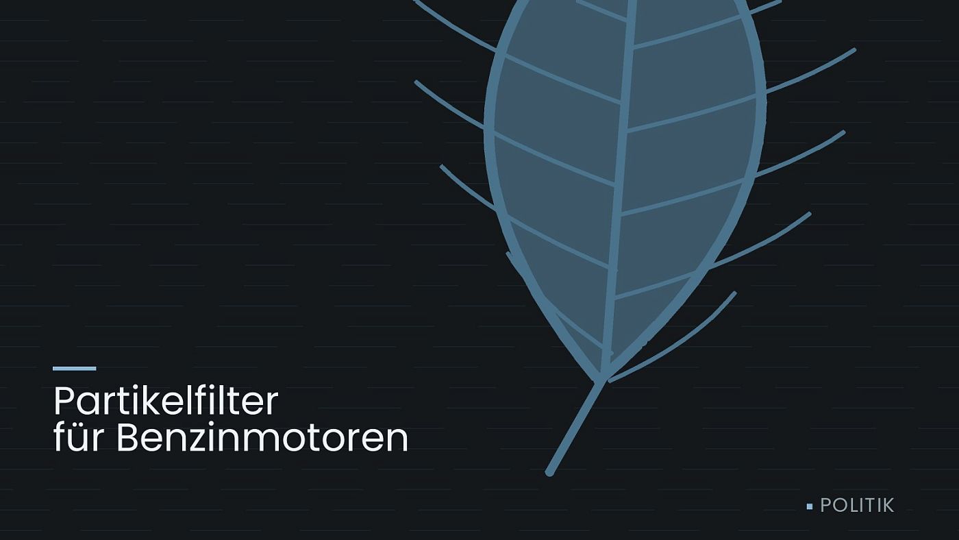 Symbolgrafik: ein gezeichnetes Blatt als Zeichen für Umwelt und Klima, beschriftet mit „Partikelfilter für Benzinmotoren“.