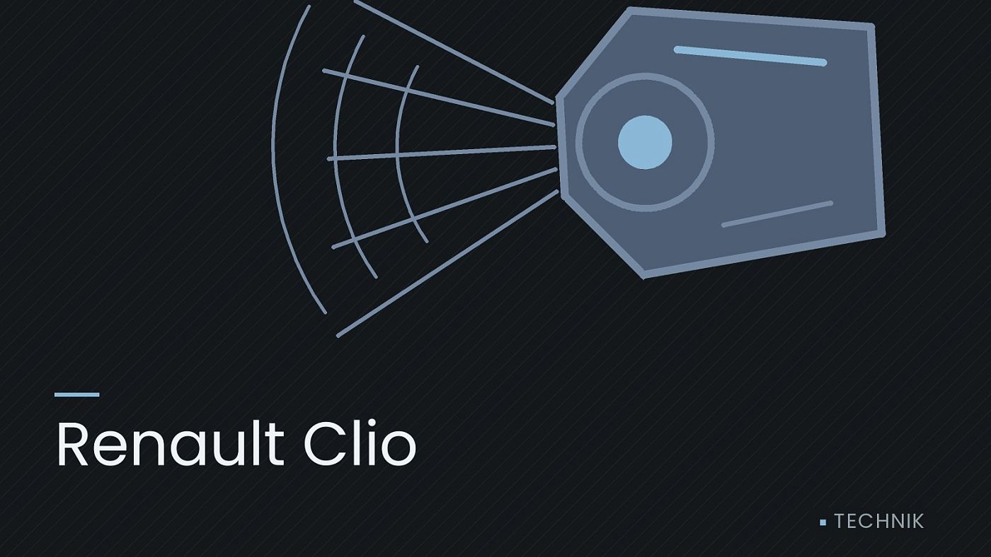 Symbolgrafik: ein gezeichneter Scheinwerfer mit Lichtkegel, beschriftet mit „Renault Clio“.