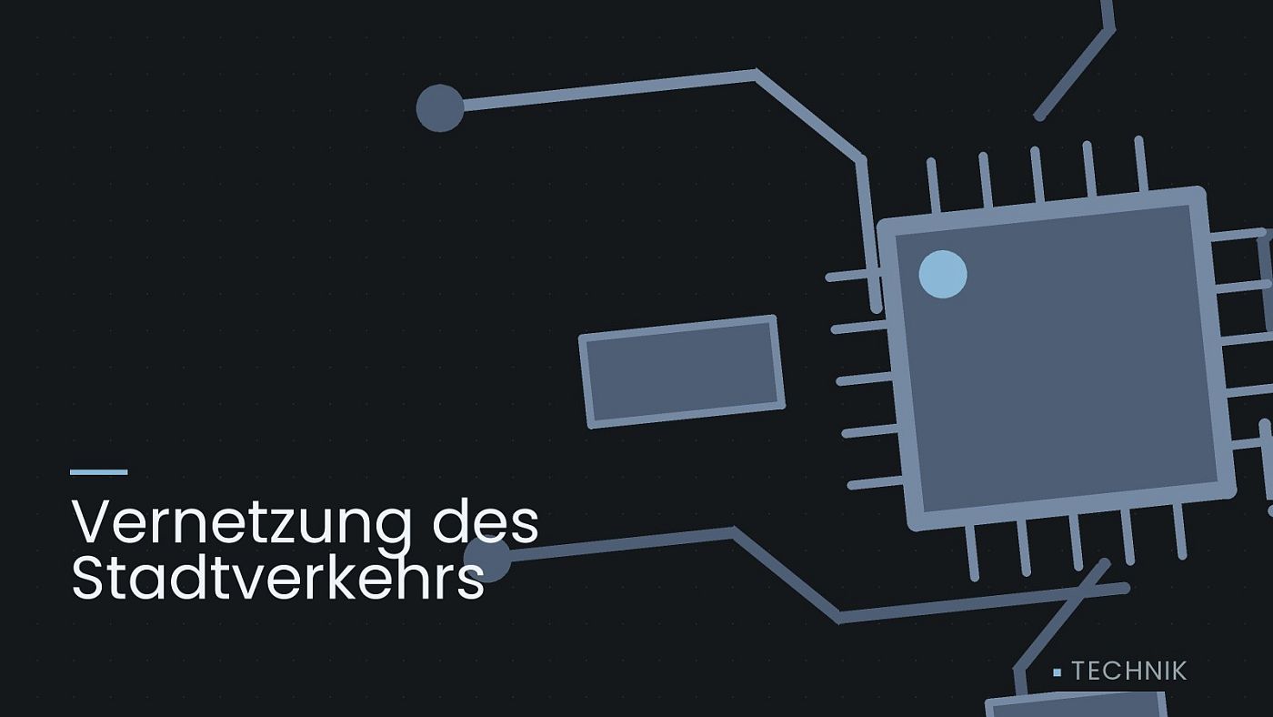 Symbolgrafik: gezeichnete Leiterbahnen mit einem Chip, beschriftet mit „Vernetzung des Stadtverkehrs“.