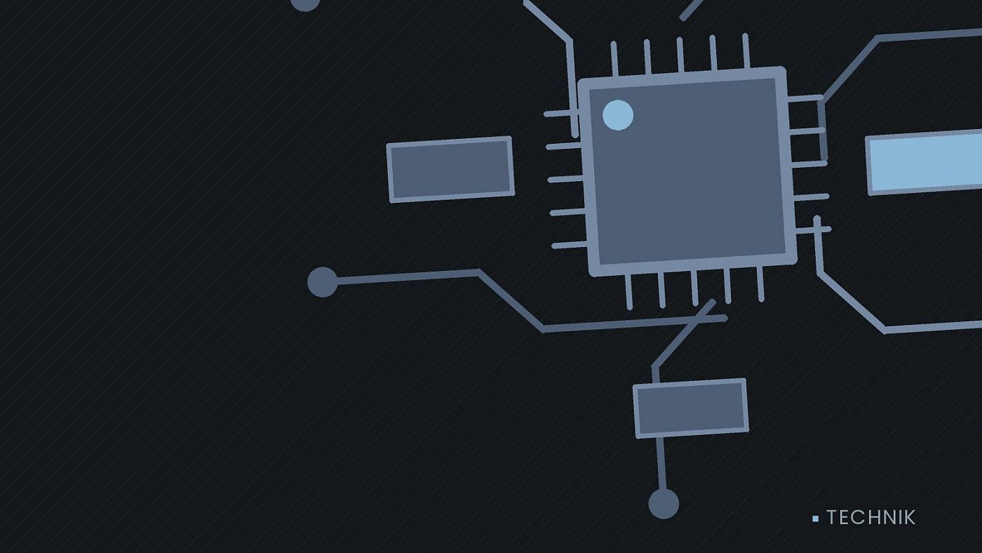 Symbolgrafik: gezeichnete Leiterbahnen mit einem Chip.