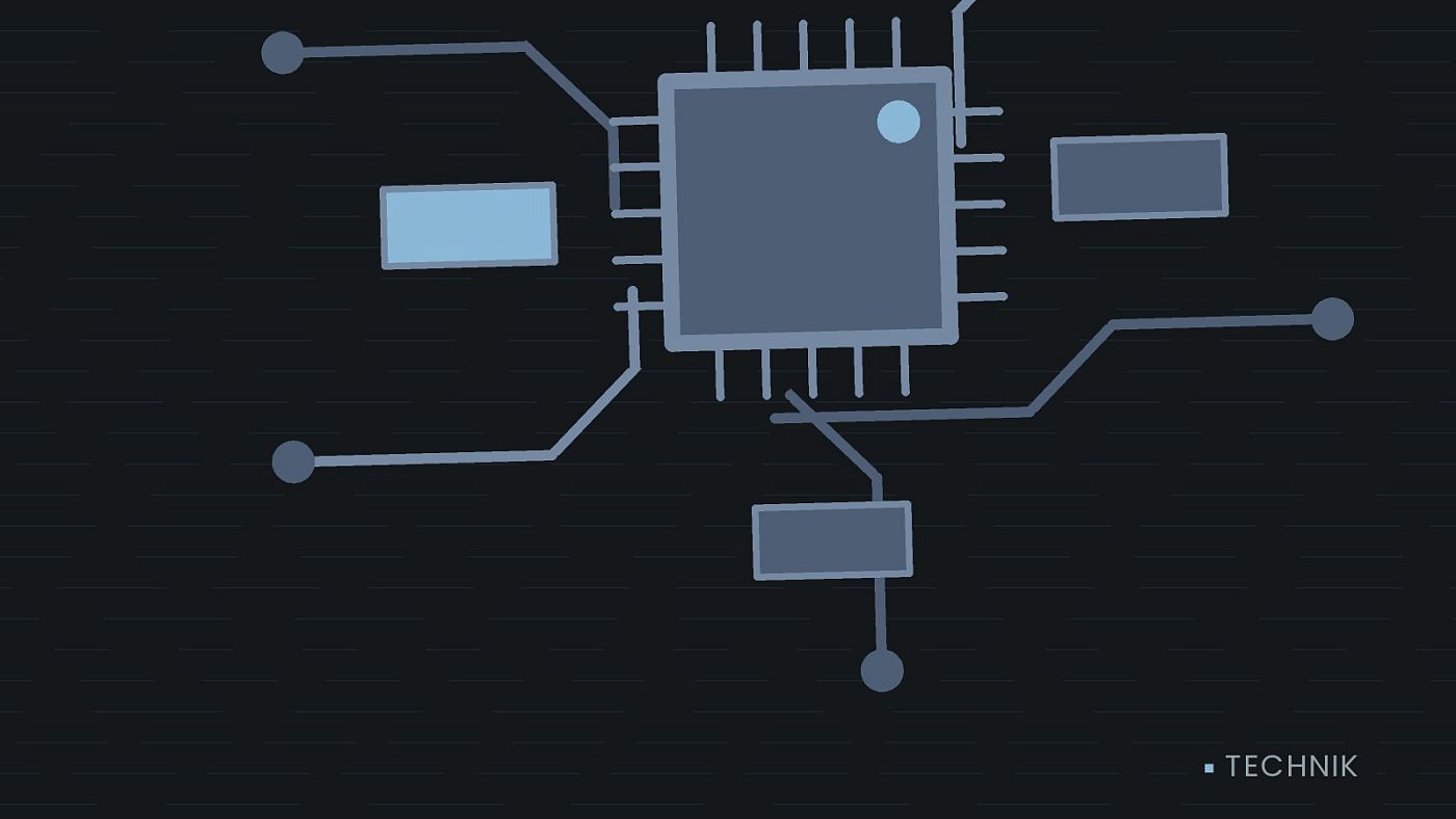 Symbolgrafik: gezeichnete Leiterbahnen mit einem Chip.