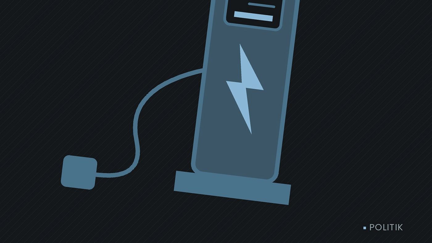 Symbolgrafik: eine gezeichnete Ladesäule mit Kabel und Stecker.