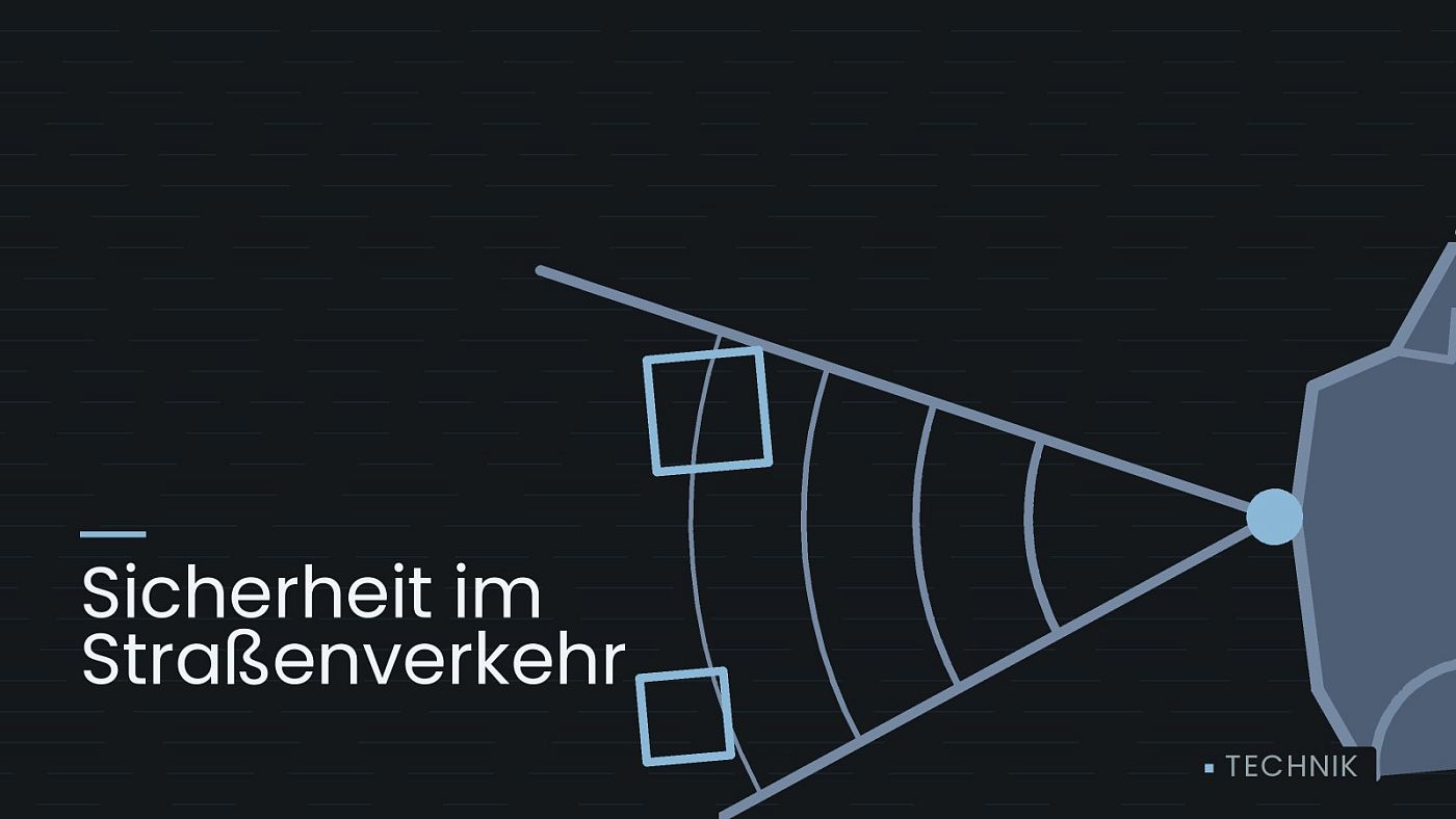 Symbolgrafik: ein gezeichneter Sensorkegel vor einer Fahrzeugfront, beschriftet mit „Sicherheit im Straßenverkehr“.