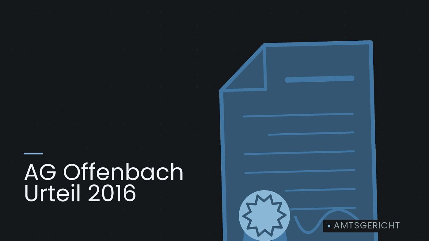 Symbolgrafik: eine gezeichnete Urkunde mit Siegel als Zeichen für eine Entscheidung, beschriftet mit „AG Offenbach Urteil 2016“.