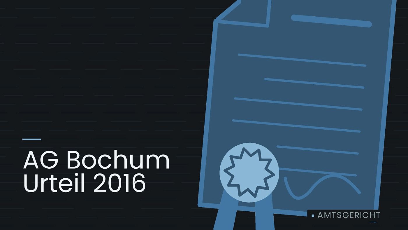 Symbolgrafik: eine gezeichnete Urkunde mit Siegel als Zeichen für eine Entscheidung, beschriftet mit „AG Bochum Urteil 2016“.