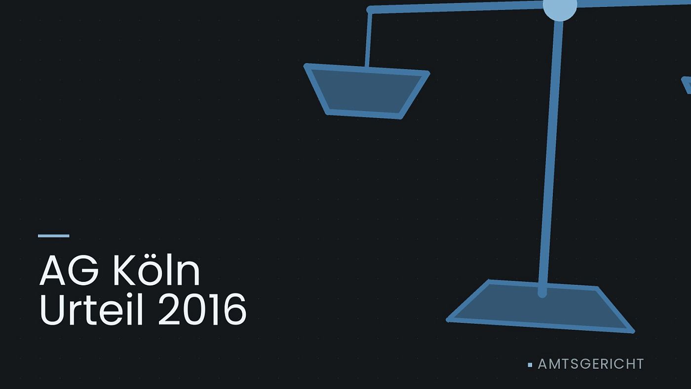 Symbolgrafik: eine stilisierte Waage als Zeichen für eine Gerichtsentscheidung, beschriftet mit „AG Köln Urteil 2016“.
