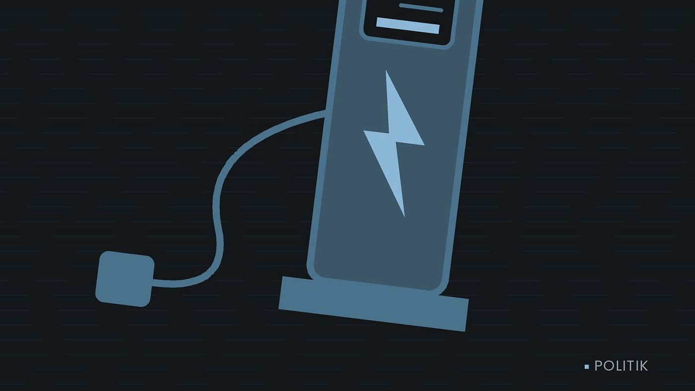 Symbolgrafik: eine gezeichnete Ladesäule mit Kabel und Stecker.