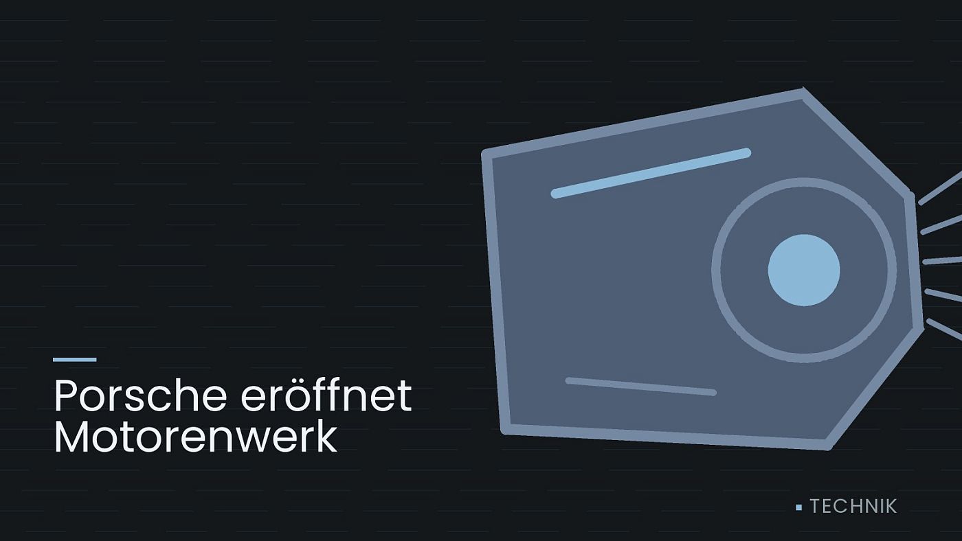 Symbolgrafik: ein gezeichneter Scheinwerfer mit Lichtkegel, beschriftet mit „Porsche eröffnet Motorenwerk“.