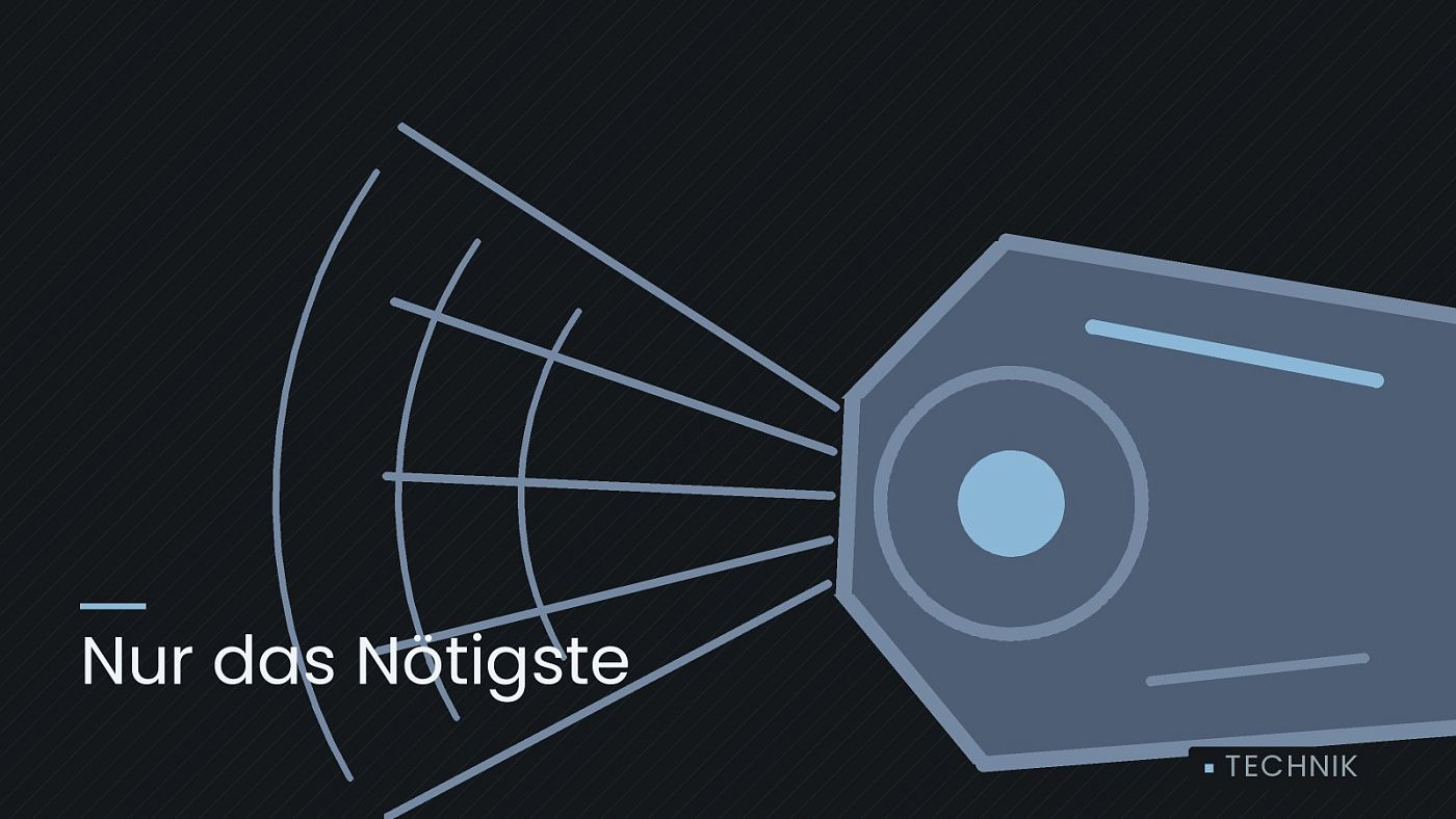 Symbolgrafik: ein gezeichneter Scheinwerfer mit Lichtkegel, beschriftet mit „Nur das Nötigste“.