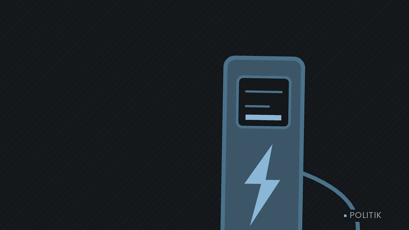 Symbolgrafik: eine gezeichnete Ladesäule mit Kabel und Stecker.