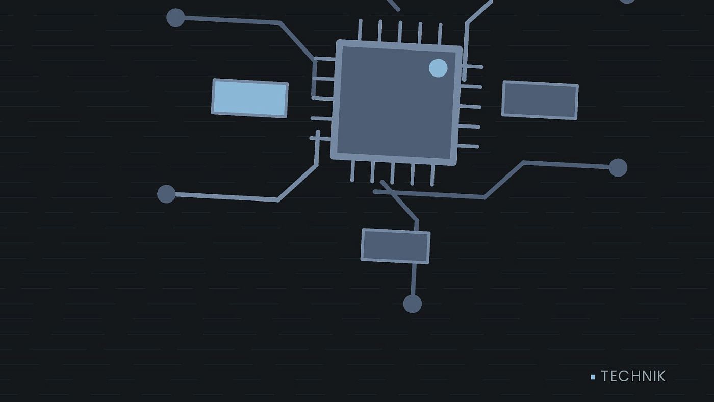 Symbolgrafik: gezeichnete Leiterbahnen mit einem Chip.