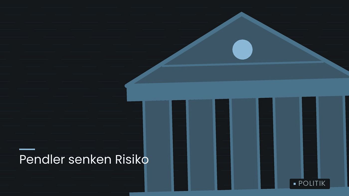 Symbolgrafik: ein stilisiertes Amtsgebäude mit Säulen, beschriftet mit „Pendler senken Risiko“.