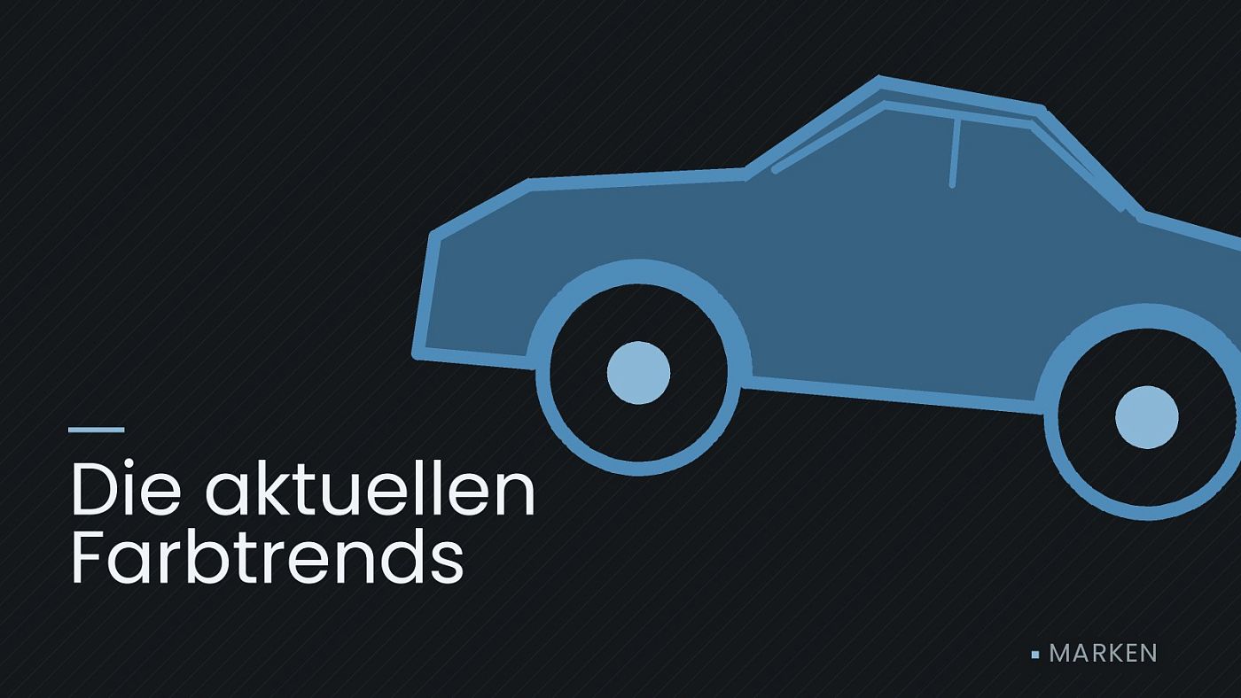 Symbolgrafik: die Umrisslinie eines Fahrzeugs von der Seite, beschriftet mit „Die aktuellen Farbtrends“.