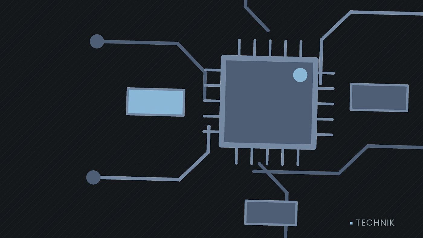 Symbolgrafik: gezeichnete Leiterbahnen mit einem Chip.