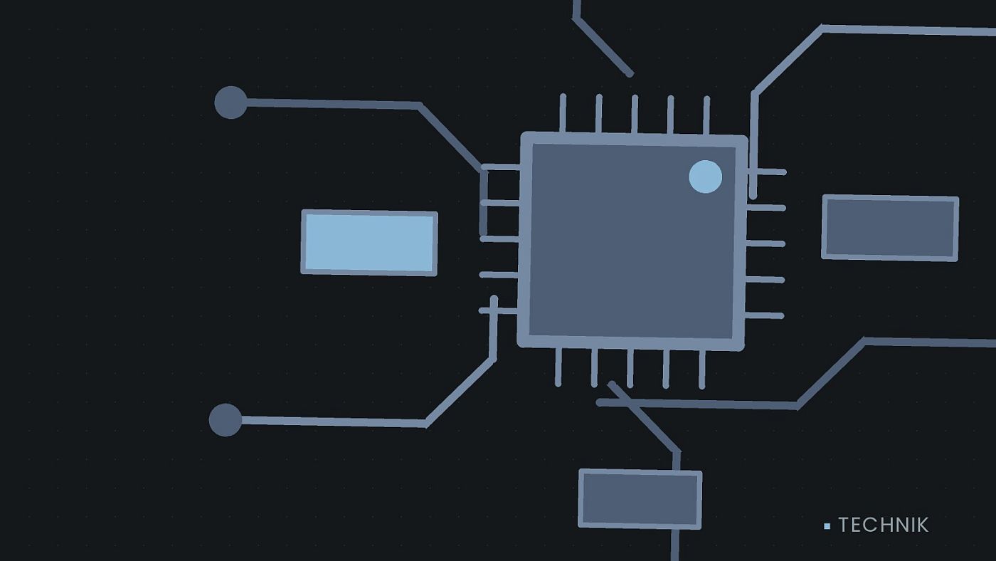 Symbolgrafik: gezeichnete Leiterbahnen mit einem Chip.