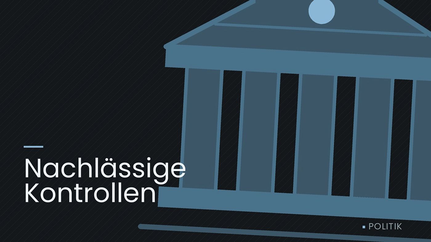 Symbolgrafik: ein stilisiertes Amtsgebäude mit Säulen, beschriftet mit „Nachlässige Kontrollen“.