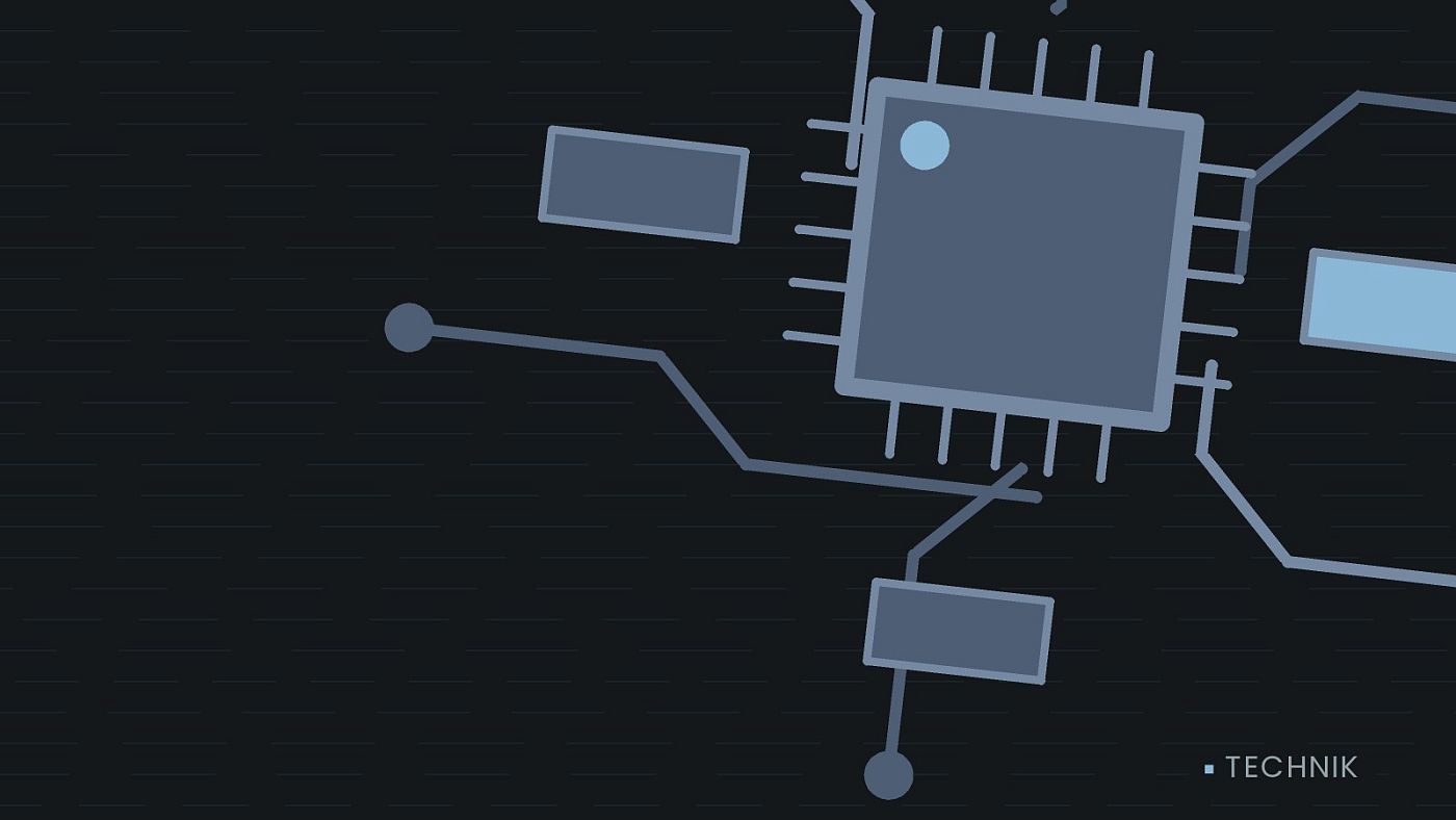 Symbolgrafik: gezeichnete Leiterbahnen mit einem Chip.