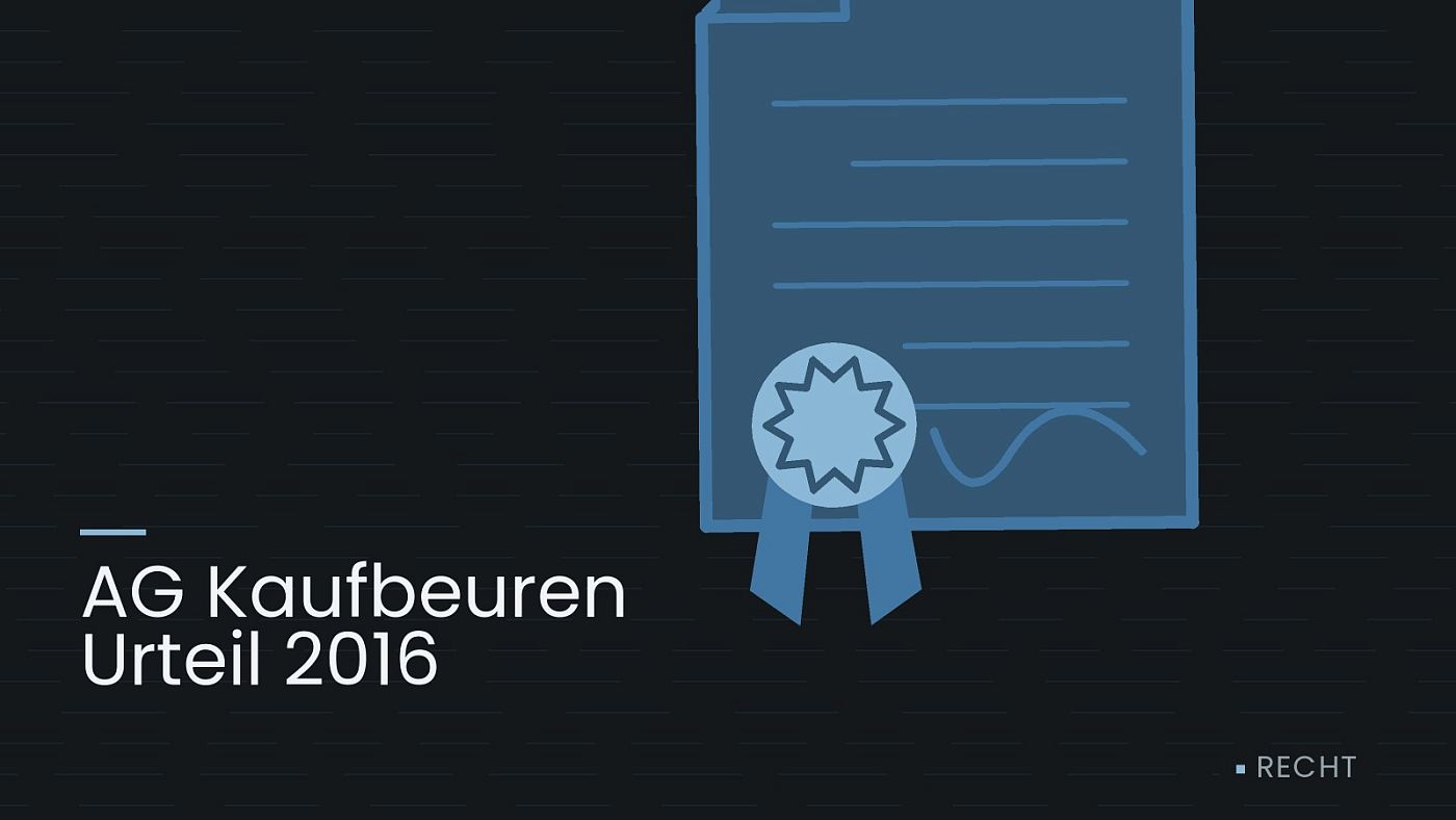 Symbolgrafik: eine gezeichnete Urkunde mit Siegel als Zeichen für eine Entscheidung, beschriftet mit „AG Kaufbeuren Urteil 2016“.