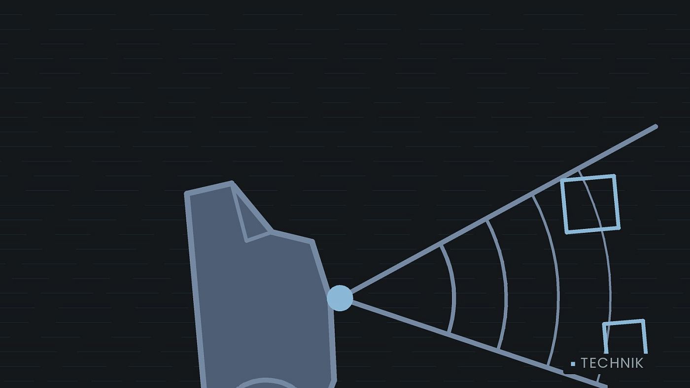 Symbolgrafik: ein gezeichneter Sensorkegel vor einer Fahrzeugfront.