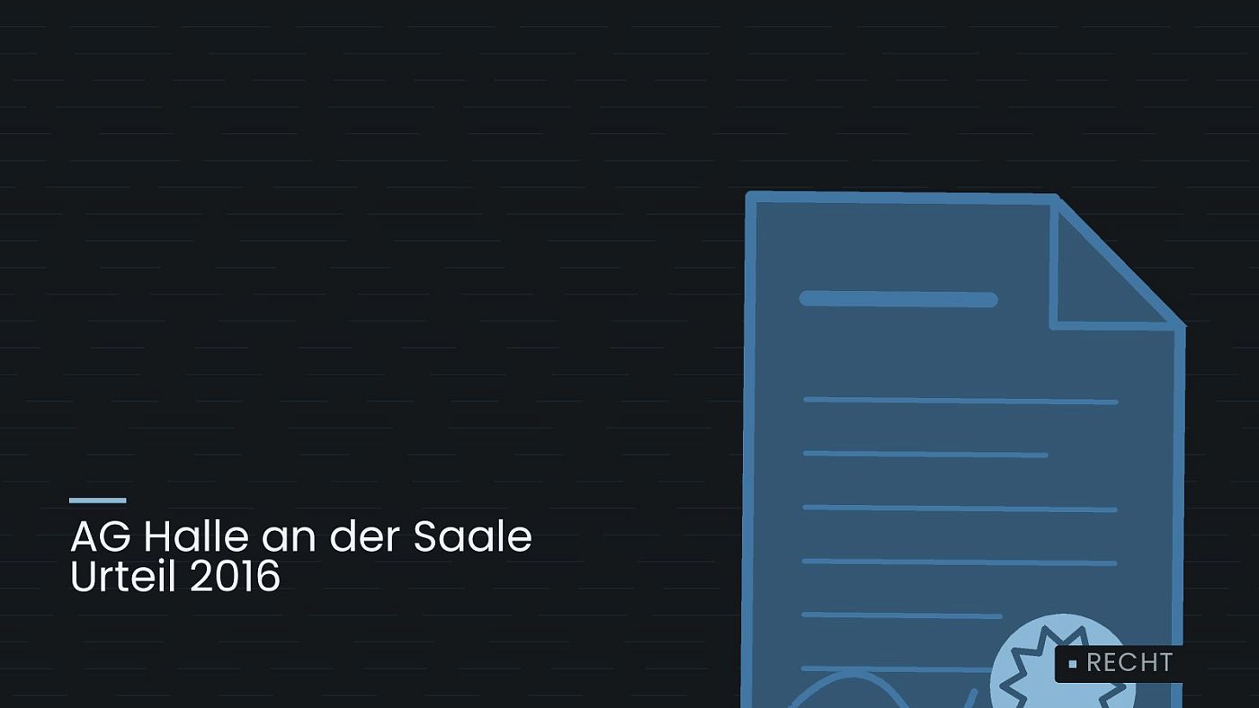 Symbolgrafik: eine gezeichnete Urkunde mit Siegel als Zeichen für eine Entscheidung, beschriftet mit „AG Halle an der Saale Urteil 2016“.