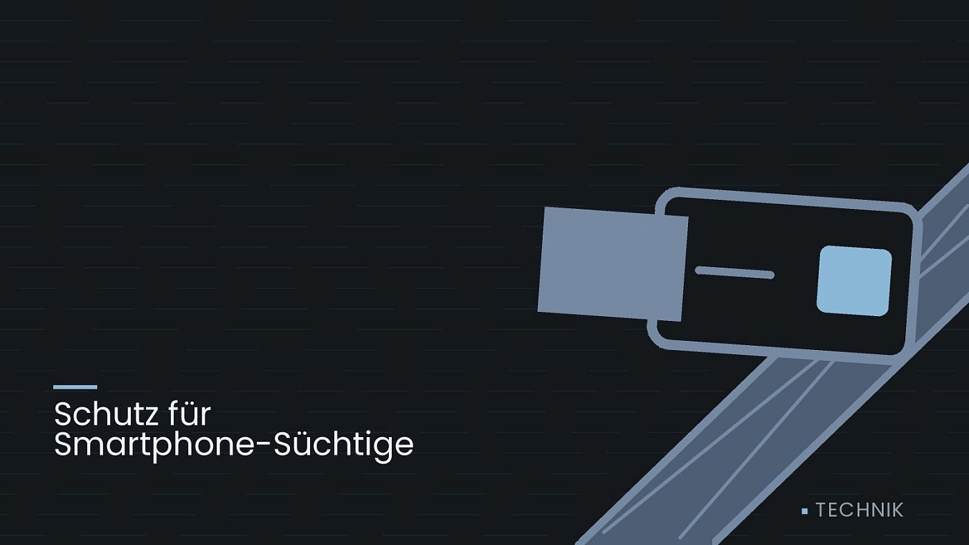 Symbolgrafik: ein gezeichneter Sicherheitsgurt mit Schloss, beschriftet mit „Schutz für Smartphone-Süchtige“.