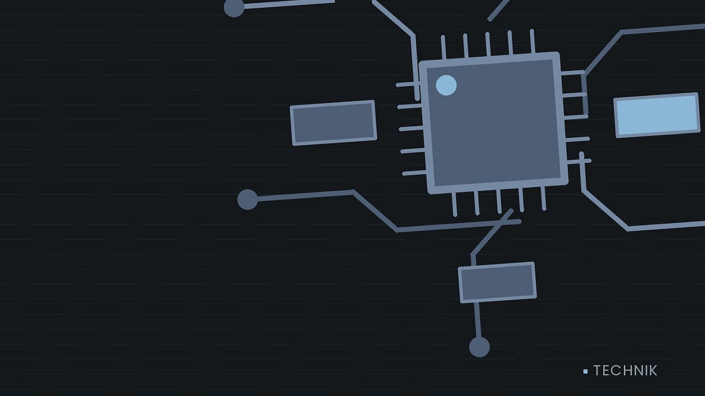 Symbolgrafik: gezeichnete Leiterbahnen mit einem Chip.