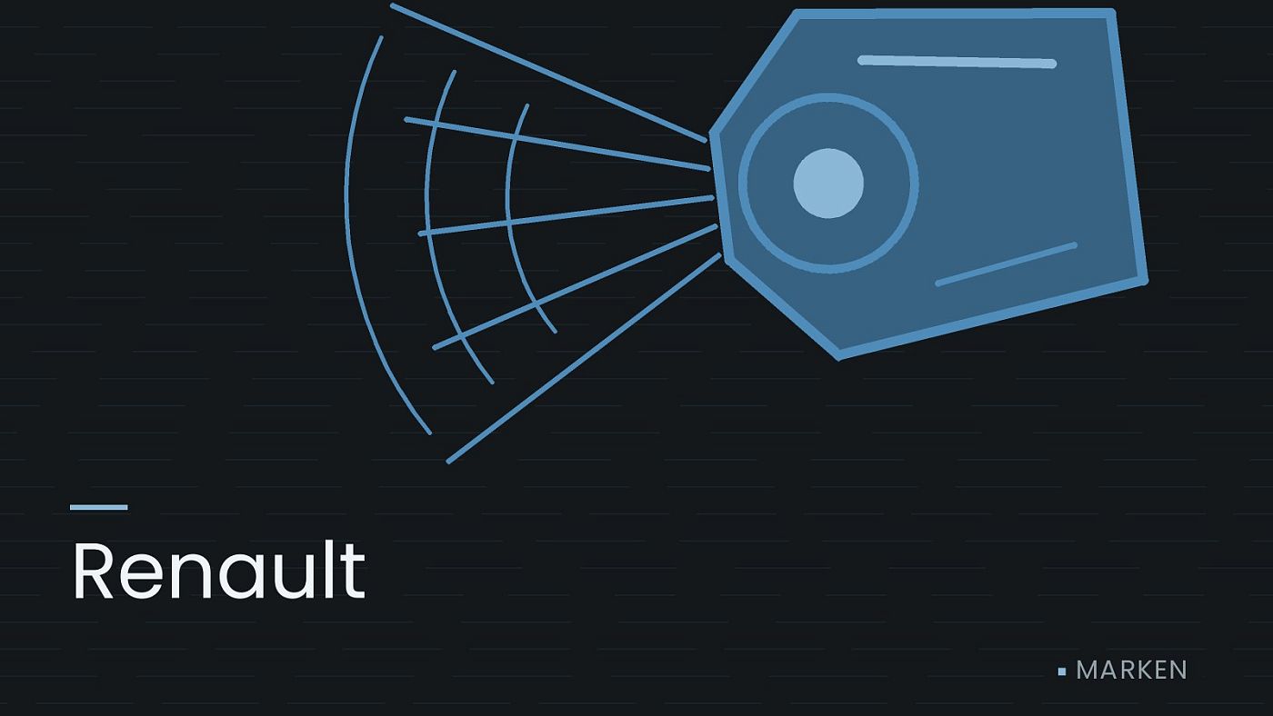 Symbolgrafik: ein gezeichneter Scheinwerfer mit Lichtkegel, beschriftet mit „Renault“.