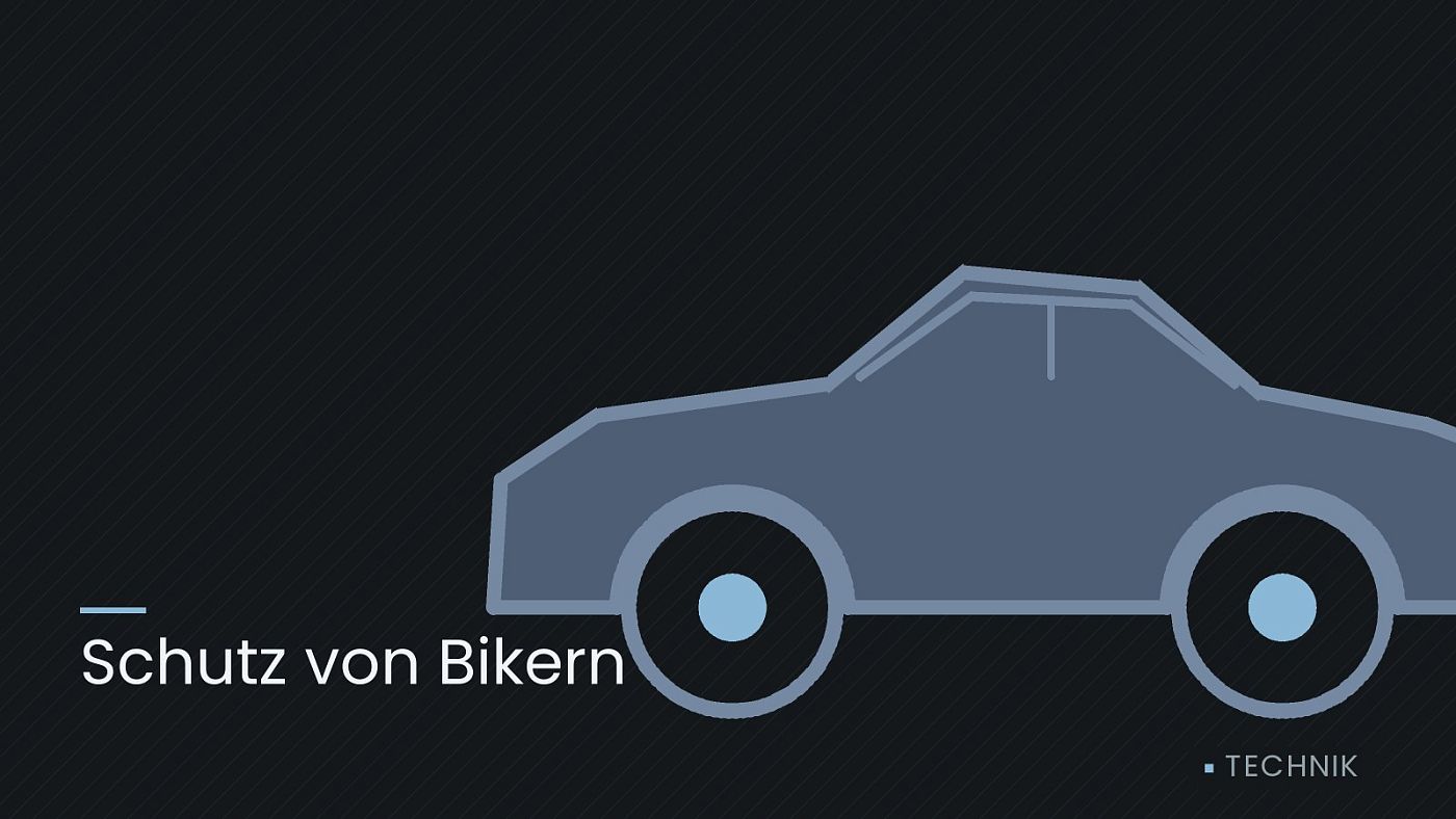 Symbolgrafik: die Umrisslinie eines Fahrzeugs von der Seite, beschriftet mit „Schutz von Bikern“.
