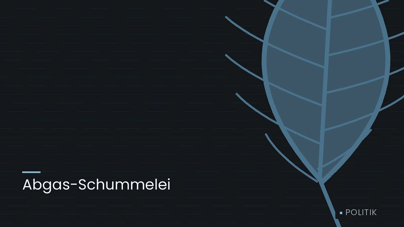 Symbolgrafik: ein gezeichnetes Blatt als Zeichen für Umwelt und Klima, beschriftet mit „Abgas-Schummelei“.