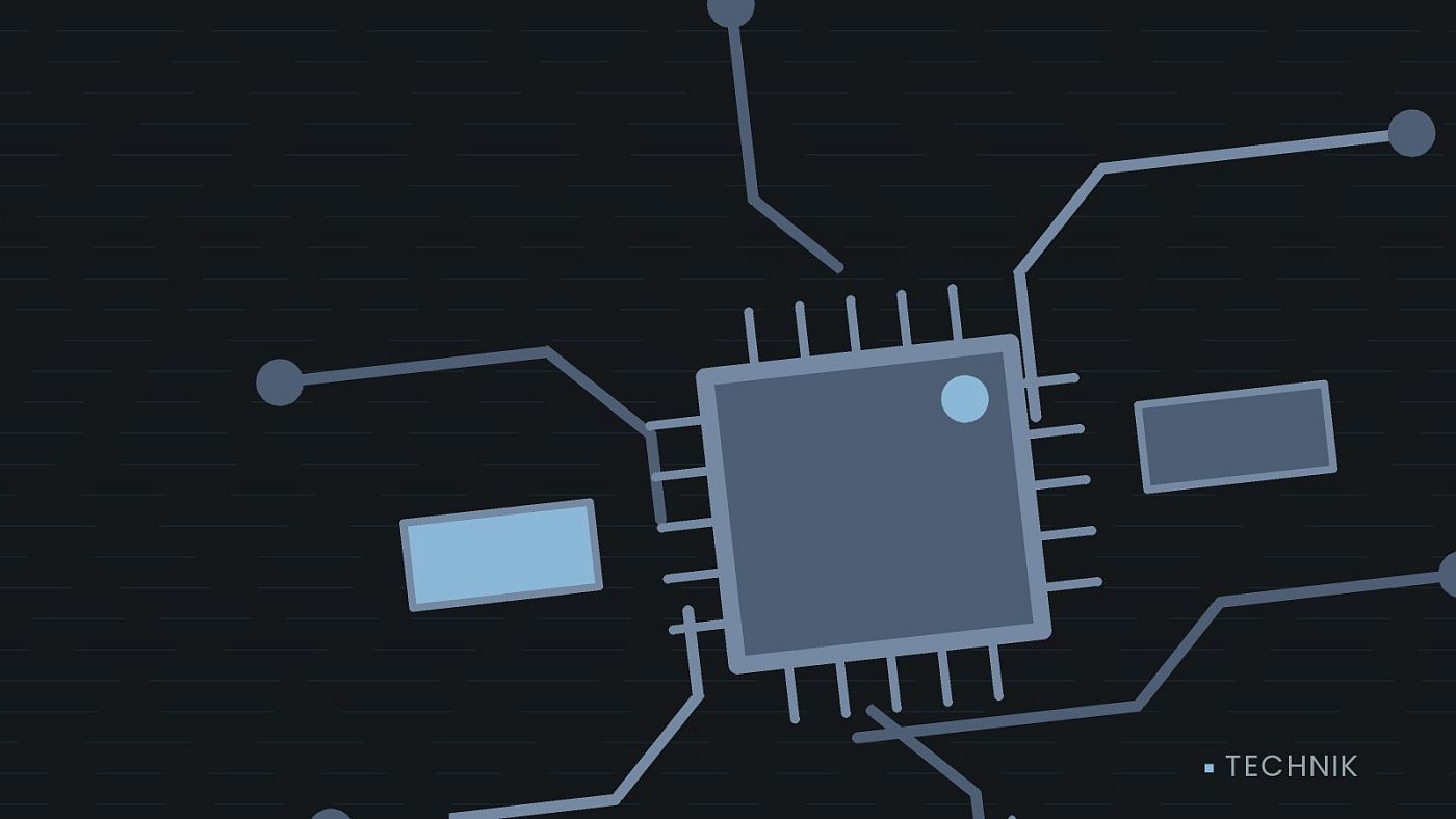 Symbolgrafik: gezeichnete Leiterbahnen mit einem Chip.