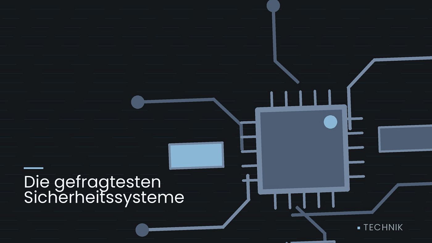 Symbolgrafik: gezeichnete Leiterbahnen mit einem Chip, beschriftet mit „Die gefragtesten Sicherheitssysteme“.