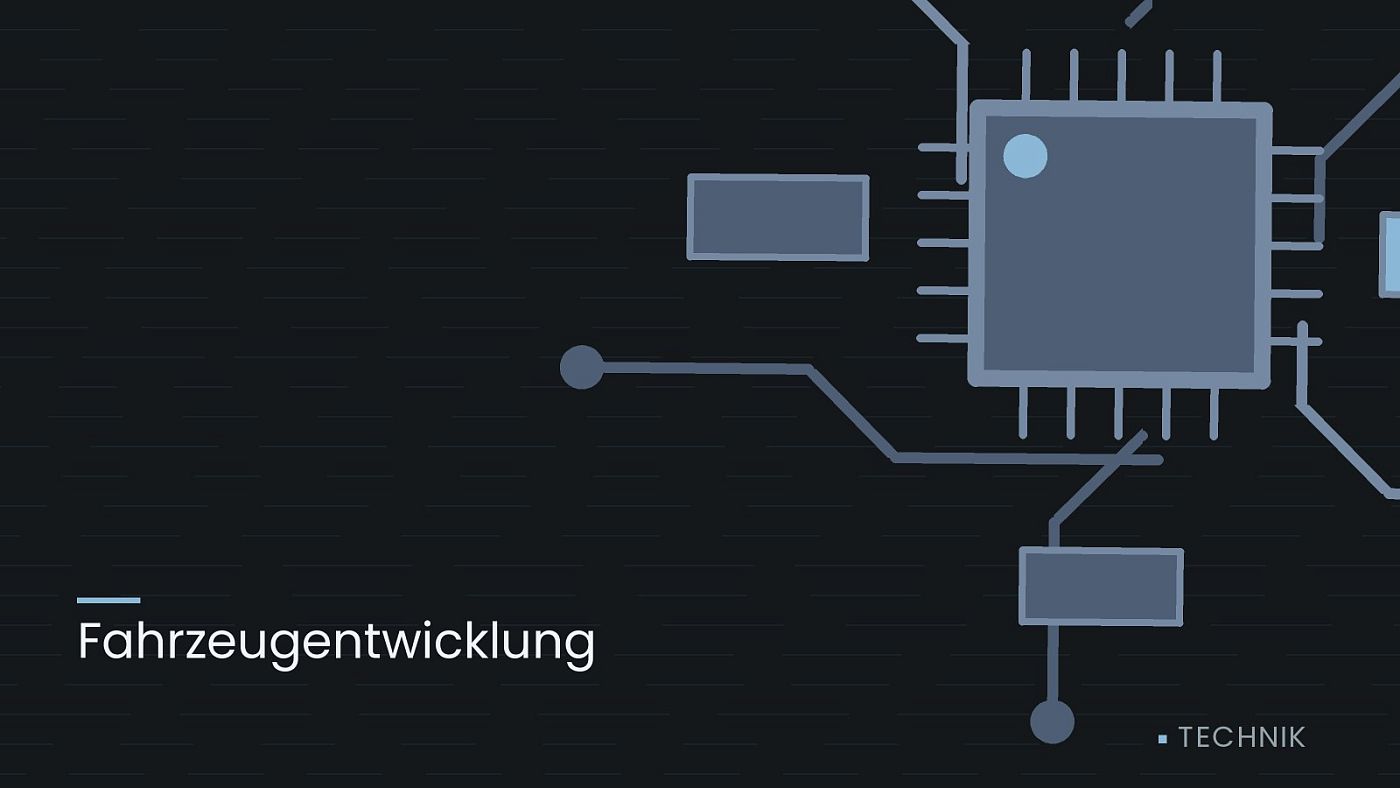 Symbolgrafik: gezeichnete Leiterbahnen mit einem Chip, beschriftet mit „Fahrzeugentwicklung“.