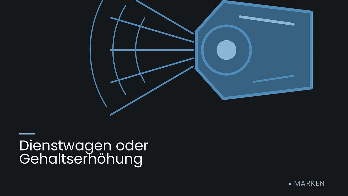 Symbolgrafik: ein gezeichneter Scheinwerfer mit Lichtkegel, beschriftet mit „Dienstwagen oder Gehaltserhöhung“.