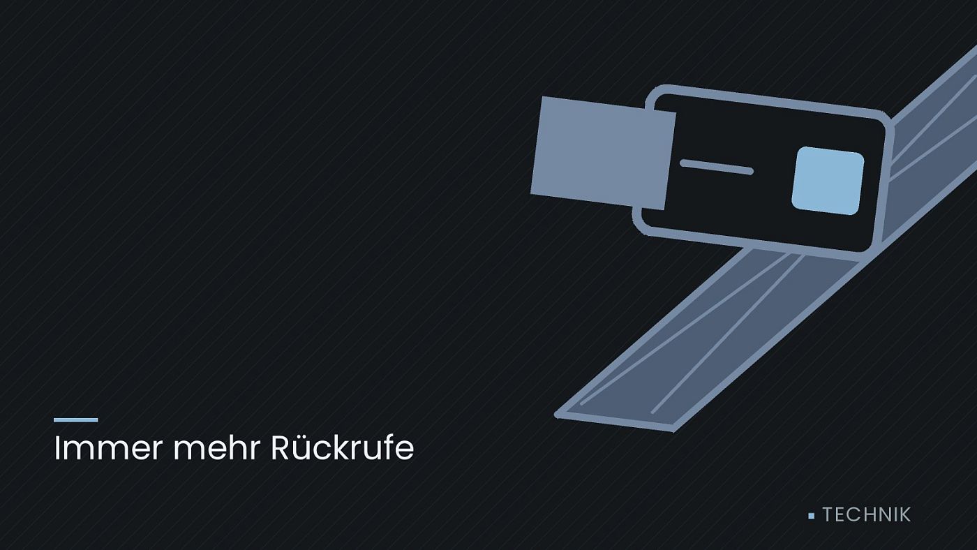 Symbolgrafik: ein gezeichneter Sicherheitsgurt mit Schloss, beschriftet mit „Immer mehr Rückrufe“.