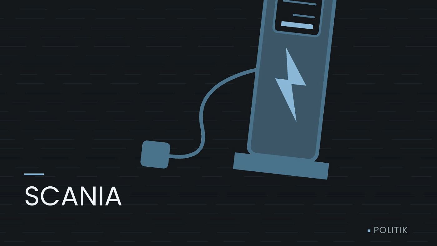 Symbolgrafik: eine gezeichnete Ladesäule mit Kabel und Stecker, beschriftet mit „SCANIA“.