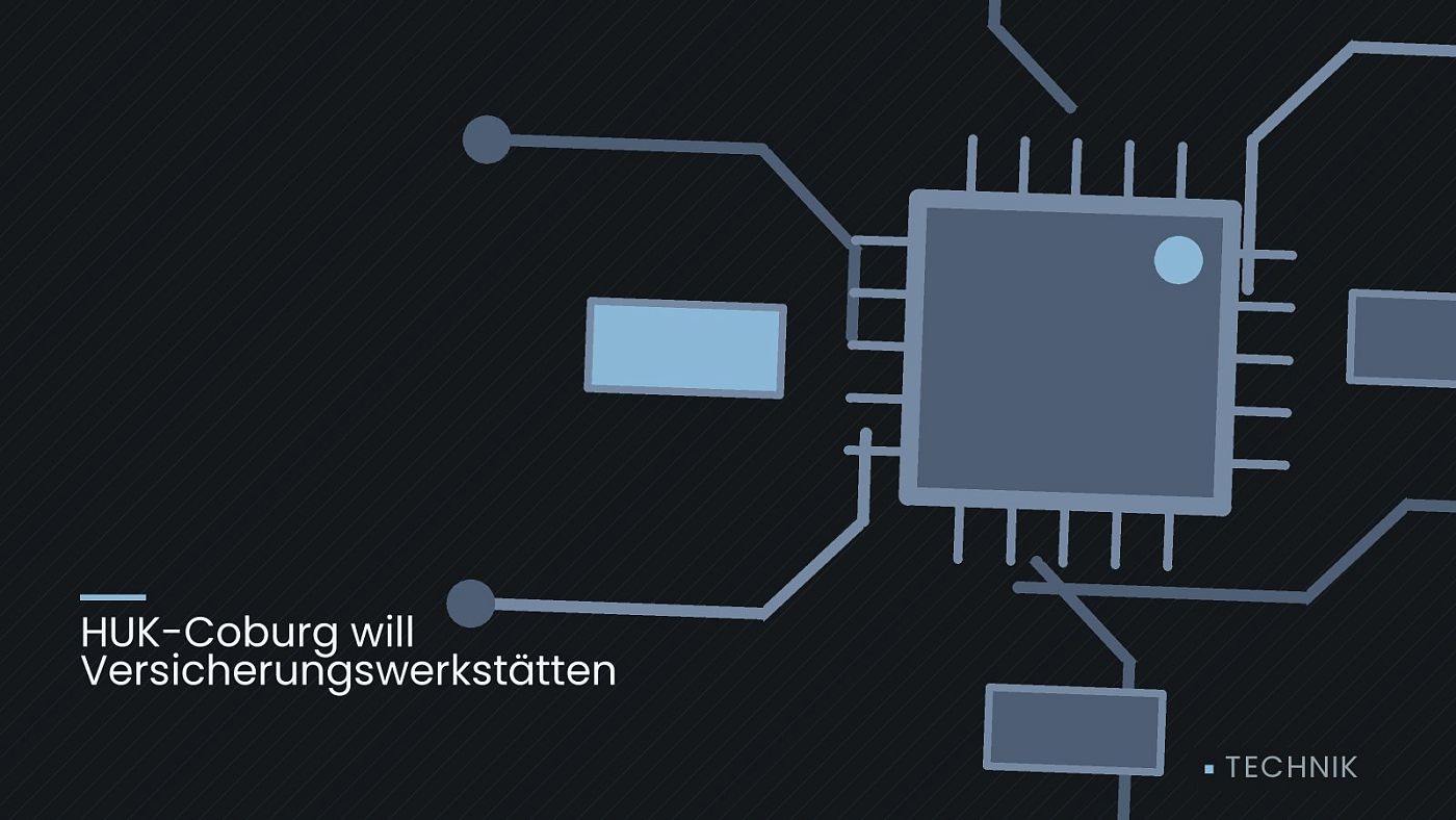 Symbolgrafik: gezeichnete Leiterbahnen mit einem Chip, beschriftet mit „HUK-Coburg will Versicherungswerkstätten“.