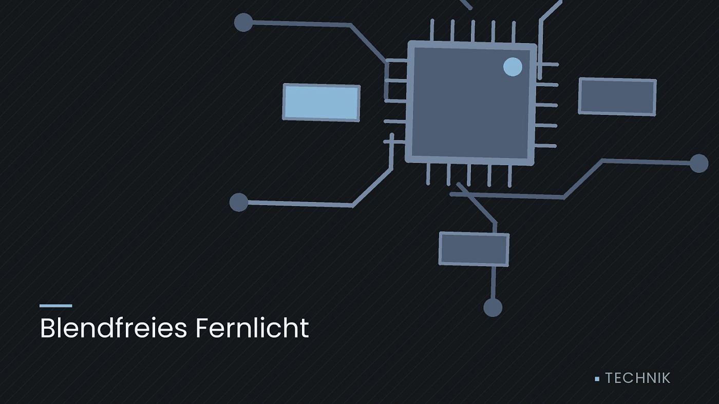 Symbolgrafik: gezeichnete Leiterbahnen mit einem Chip, beschriftet mit „Blendfreies Fernlicht“.