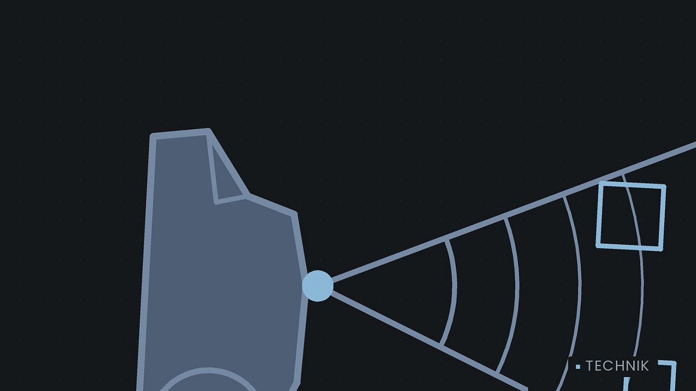 Symbolgrafik: ein gezeichneter Sensorkegel vor einer Fahrzeugfront.