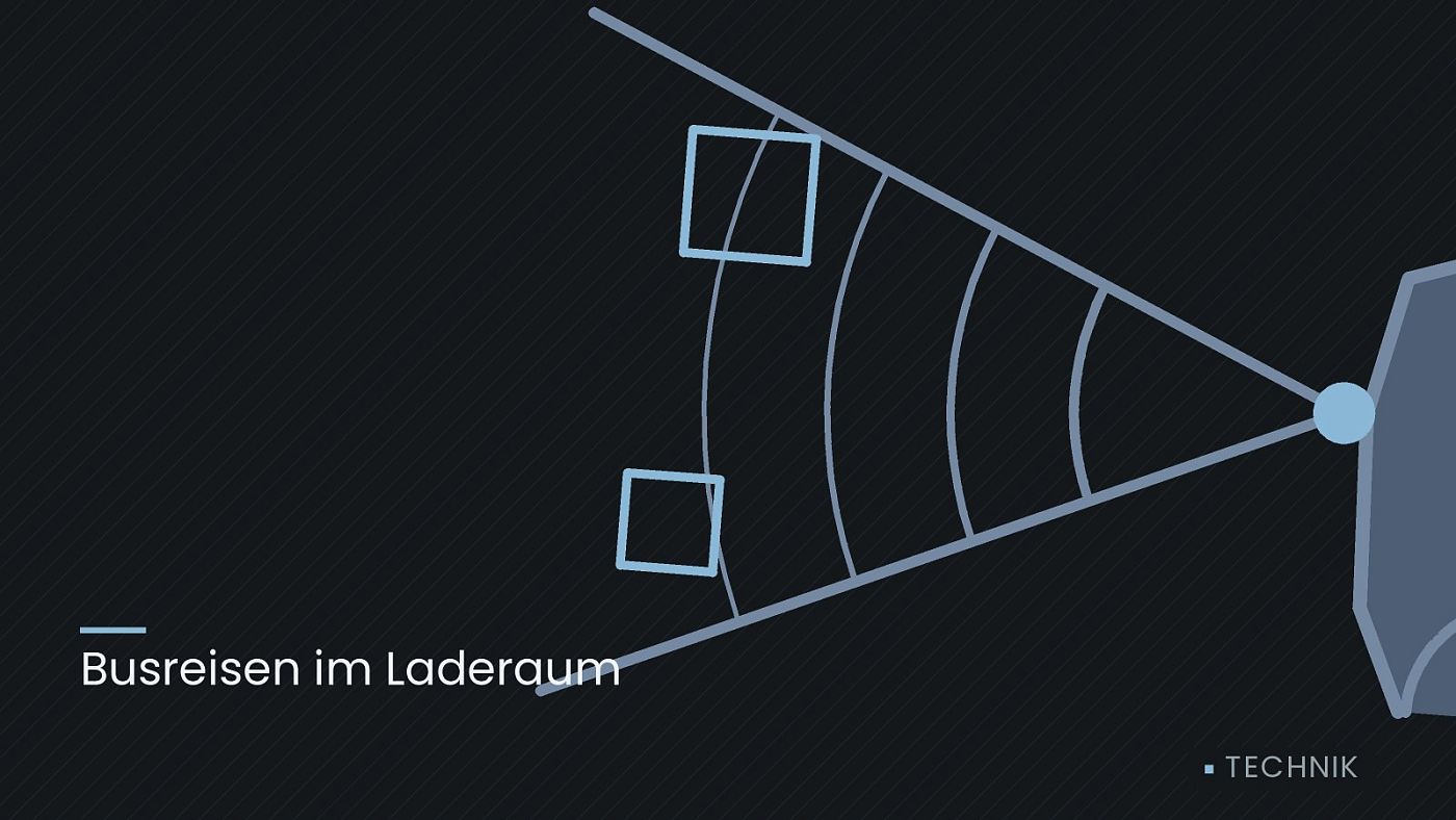 Symbolgrafik: ein gezeichneter Sensorkegel vor einer Fahrzeugfront, beschriftet mit „Busreisen im Laderaum“.