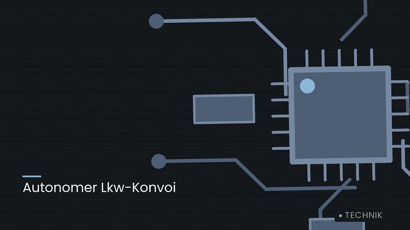 Symbolgrafik: gezeichnete Leiterbahnen mit einem Chip, beschriftet mit „Autonomer Lkw-Konvoi“.