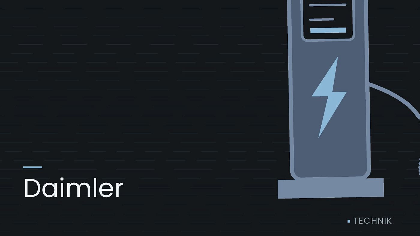 Symbolgrafik: eine gezeichnete Ladesäule mit Kabel und Stecker, beschriftet mit „Daimler“.