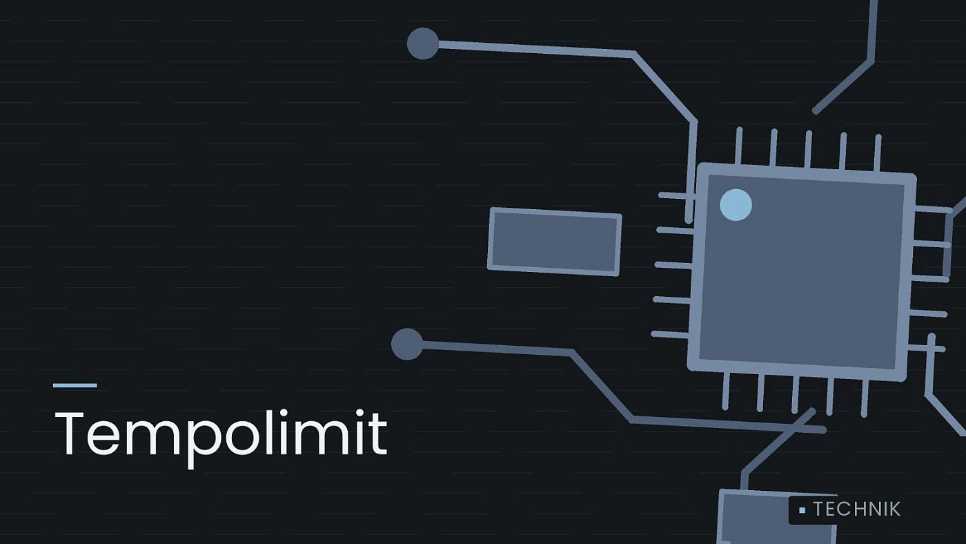 Symbolgrafik: gezeichnete Leiterbahnen mit einem Chip, beschriftet mit „Tempolimit“.