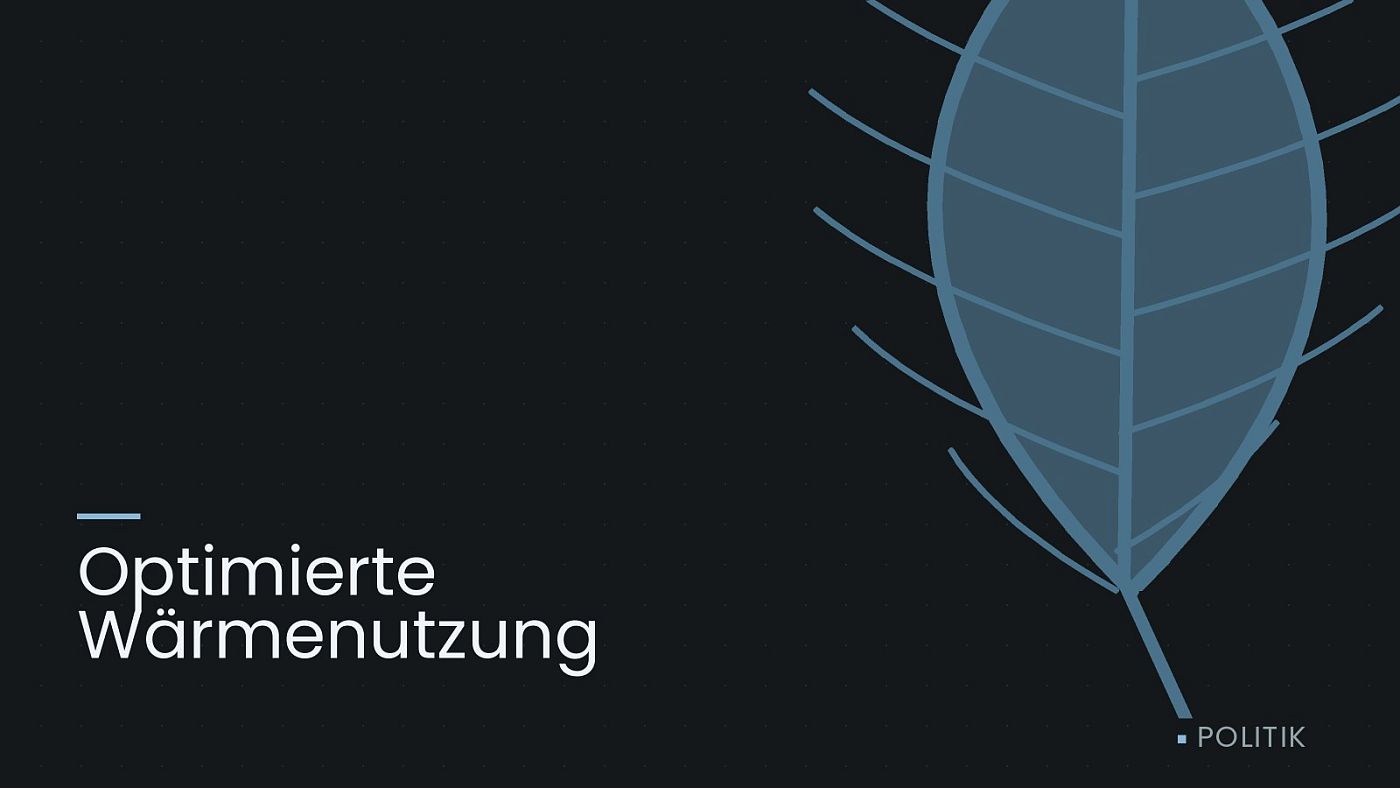 Symbolgrafik: ein gezeichnetes Blatt als Zeichen für Umwelt und Klima, beschriftet mit „Optimierte Wärmenutzung“.