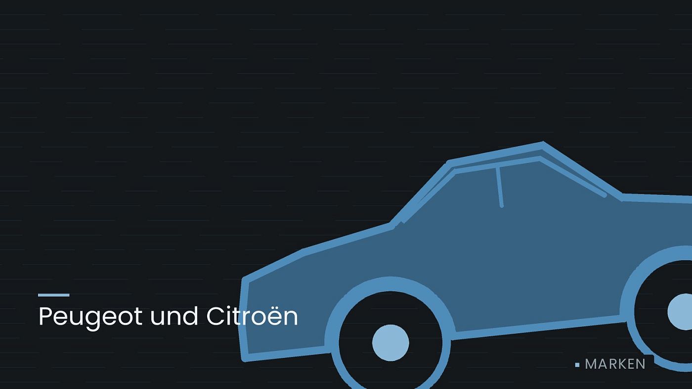 Symbolgrafik: die Umrisslinie eines Fahrzeugs von der Seite, beschriftet mit „Peugeot und Citroën“.