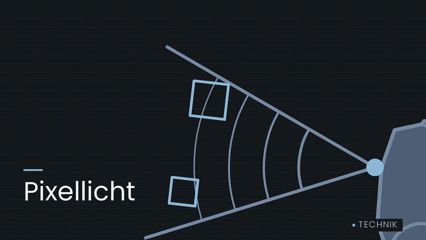 Symbolgrafik: ein gezeichneter Sensorkegel vor einer Fahrzeugfront, beschriftet mit „Pixellicht“.