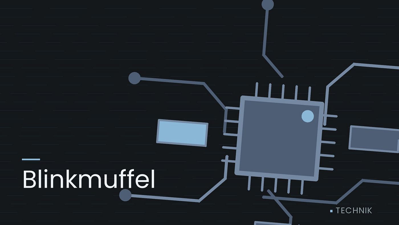 Symbolgrafik: gezeichnete Leiterbahnen mit einem Chip, beschriftet mit „Blinkmuffel“.
