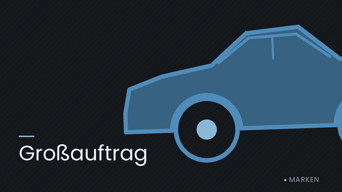 Symbolgrafik: die Umrisslinie eines Fahrzeugs von der Seite, beschriftet mit „Großauftrag“.
