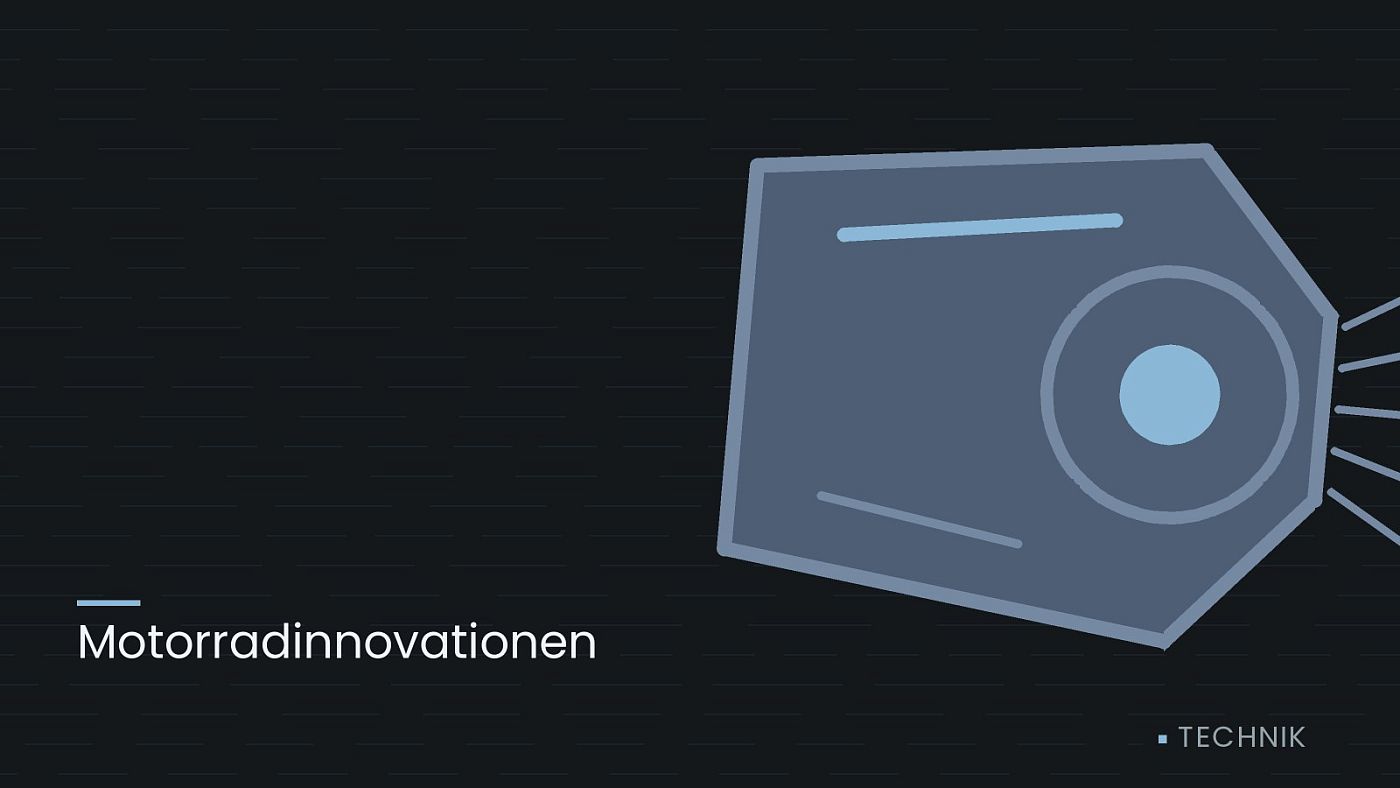Symbolgrafik: ein gezeichneter Scheinwerfer mit Lichtkegel, beschriftet mit „Motorradinnovationen“.