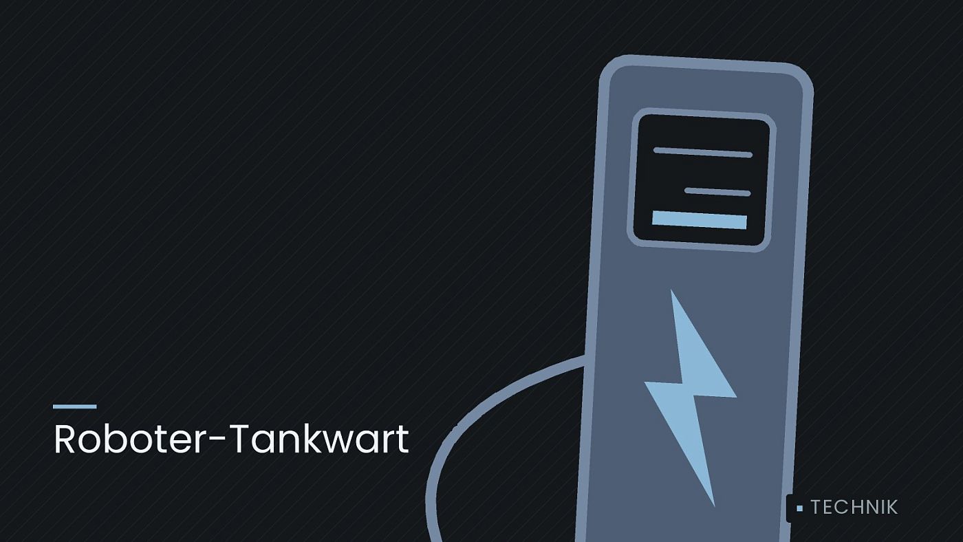 Symbolgrafik: eine gezeichnete Ladesäule mit Kabel und Stecker, beschriftet mit „Roboter-Tankwart“.