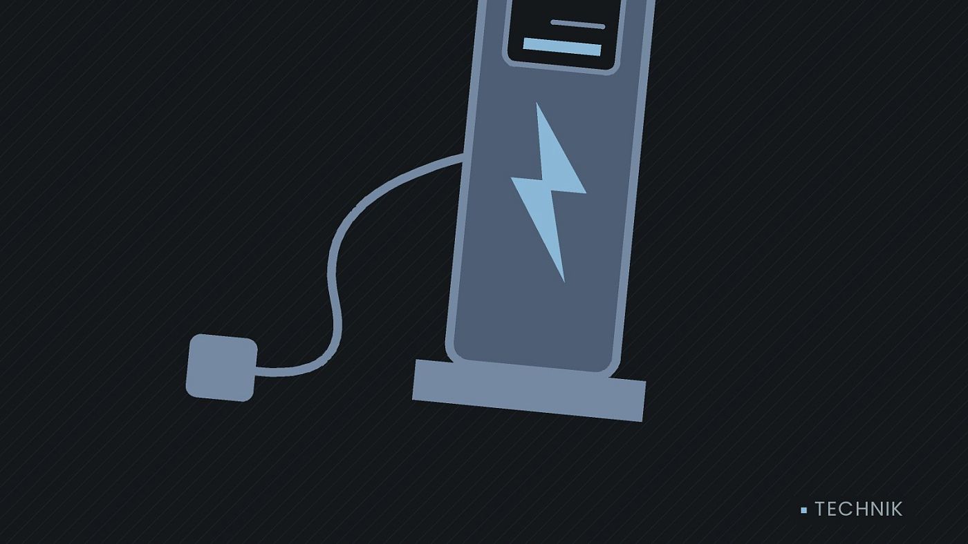 Symbolgrafik: eine gezeichnete Ladesäule mit Kabel und Stecker.